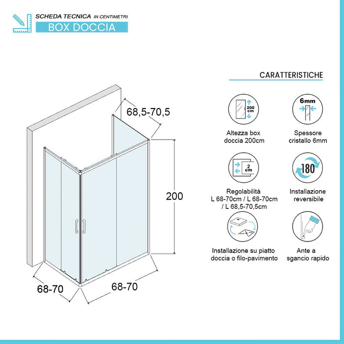 Box doccia 70x70x70 cm con doppio scorrevole serigrafato H 200 cm Ted