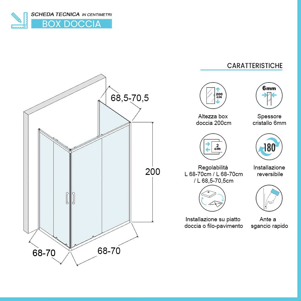 Box doccia 70x70x70 cm con doppio scorrevole trasparente H 200 cm Ted