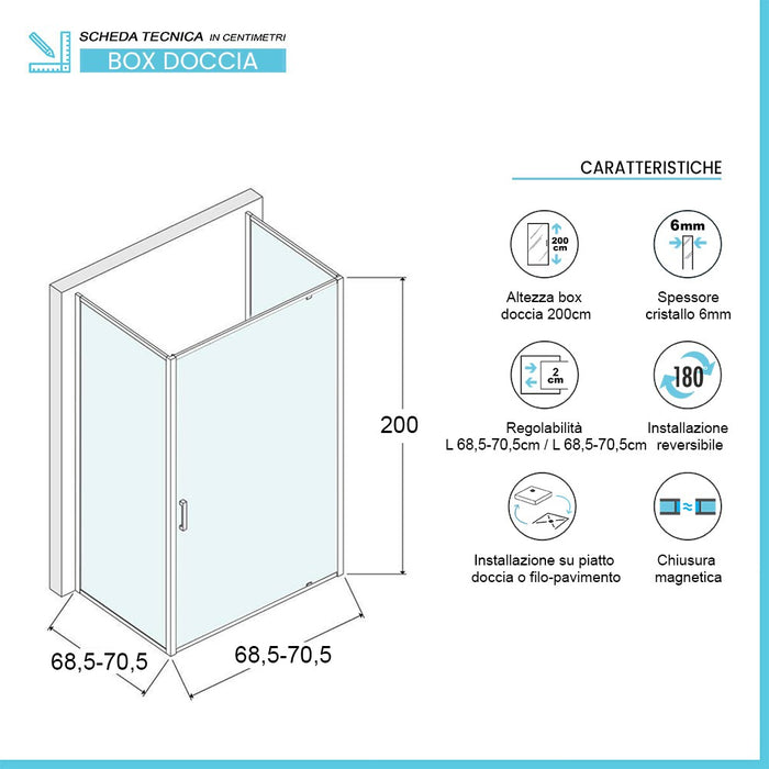 Box doccia 70x70x70 cm con porta a battente serigrafata H 200 cm Ted