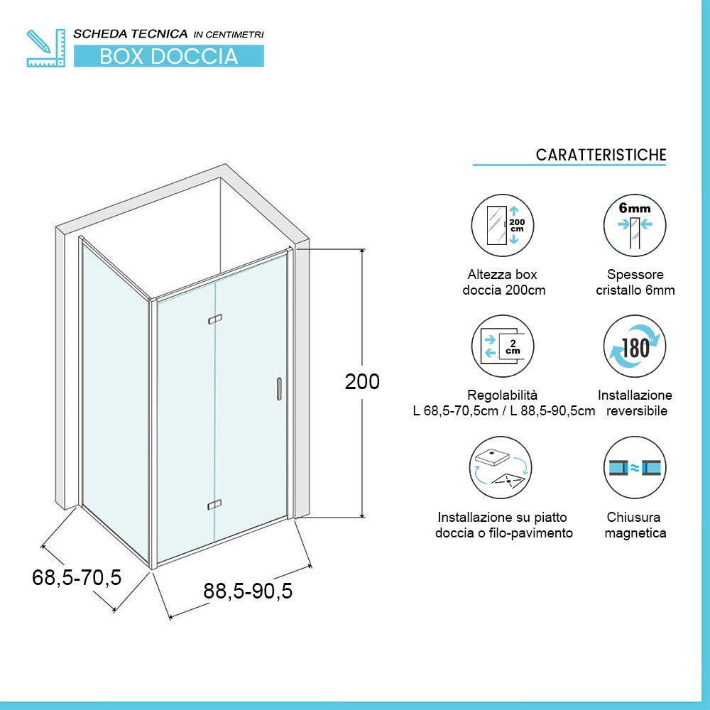 Box doccia 70x90 cm con porta a soffietto serigrafata H 200 cm Ted