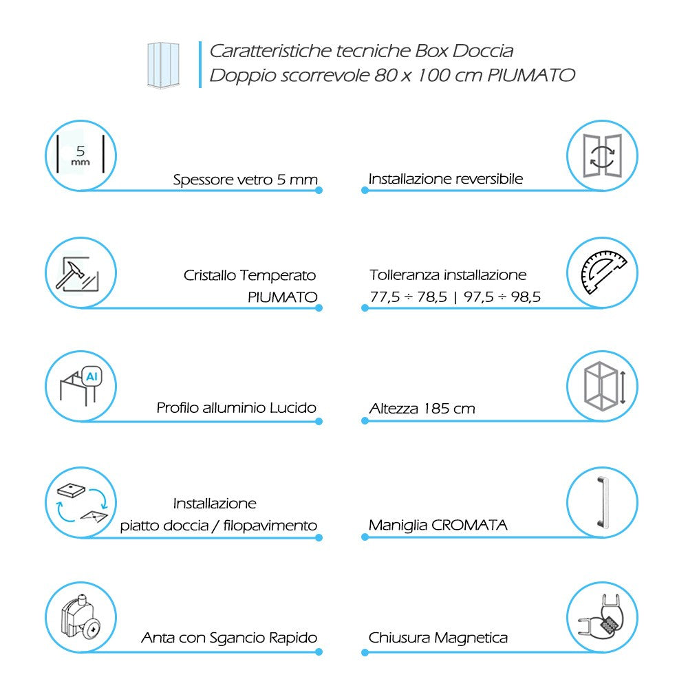 Box Doccia 80x100 cm porte scorrevoli in cristallo opaco