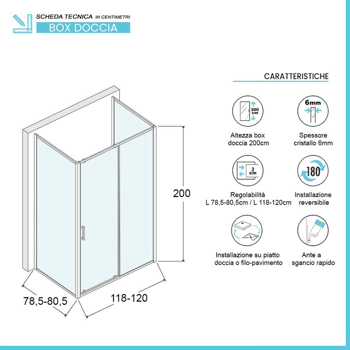 Box doccia 80x120x80 cm con porta scorrevole trasparente H 200 cm Ted