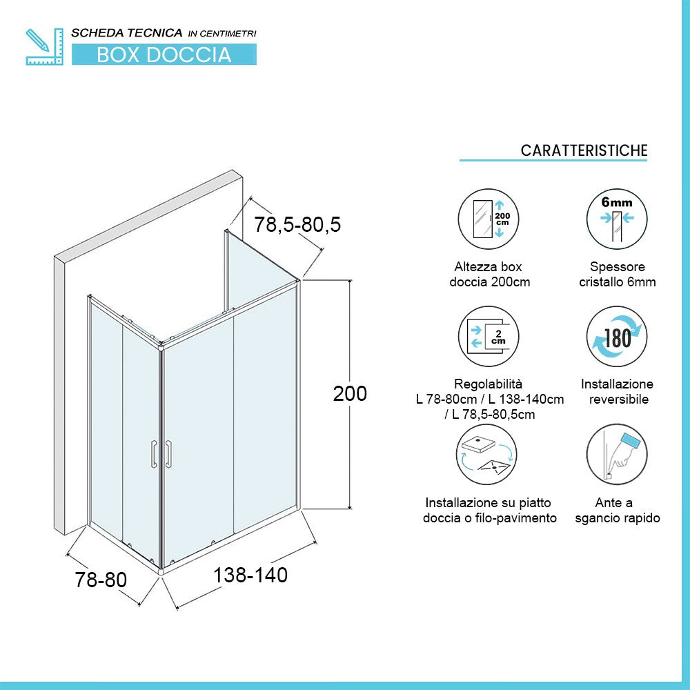 Box doccia 80x140x80 cm con doppio scorrevole trasparente H 200 cm Ted