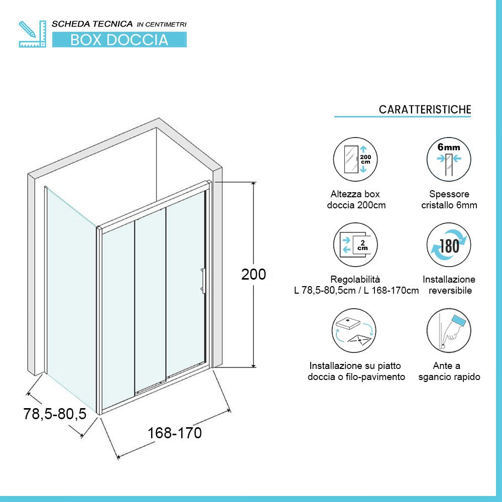 Box doccia 80x170 cm con porta scorrevole trasparente H 200 cm Ted