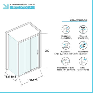 Box doccia 80x170 cm con porta scorrevole trasparente H 200 cm Ted