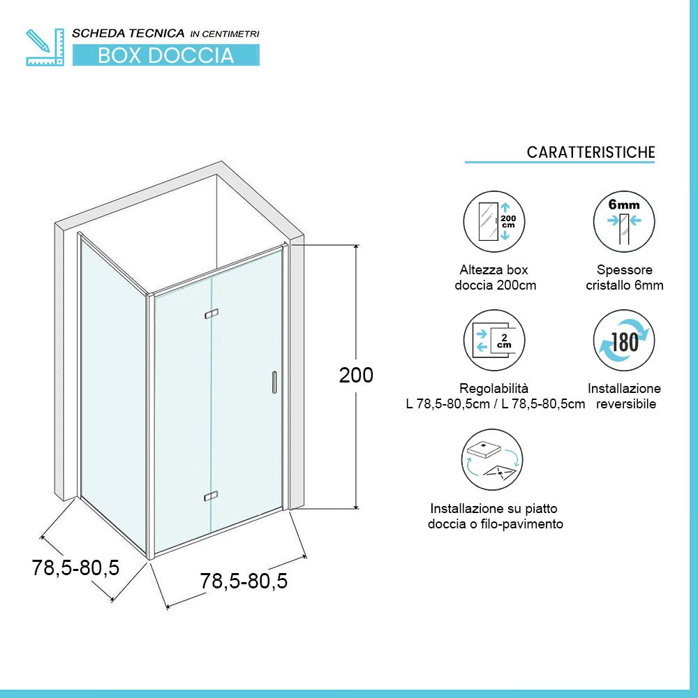 Box doccia 80x80 cm con porta a soffietto trasparente H 200 cm Ted