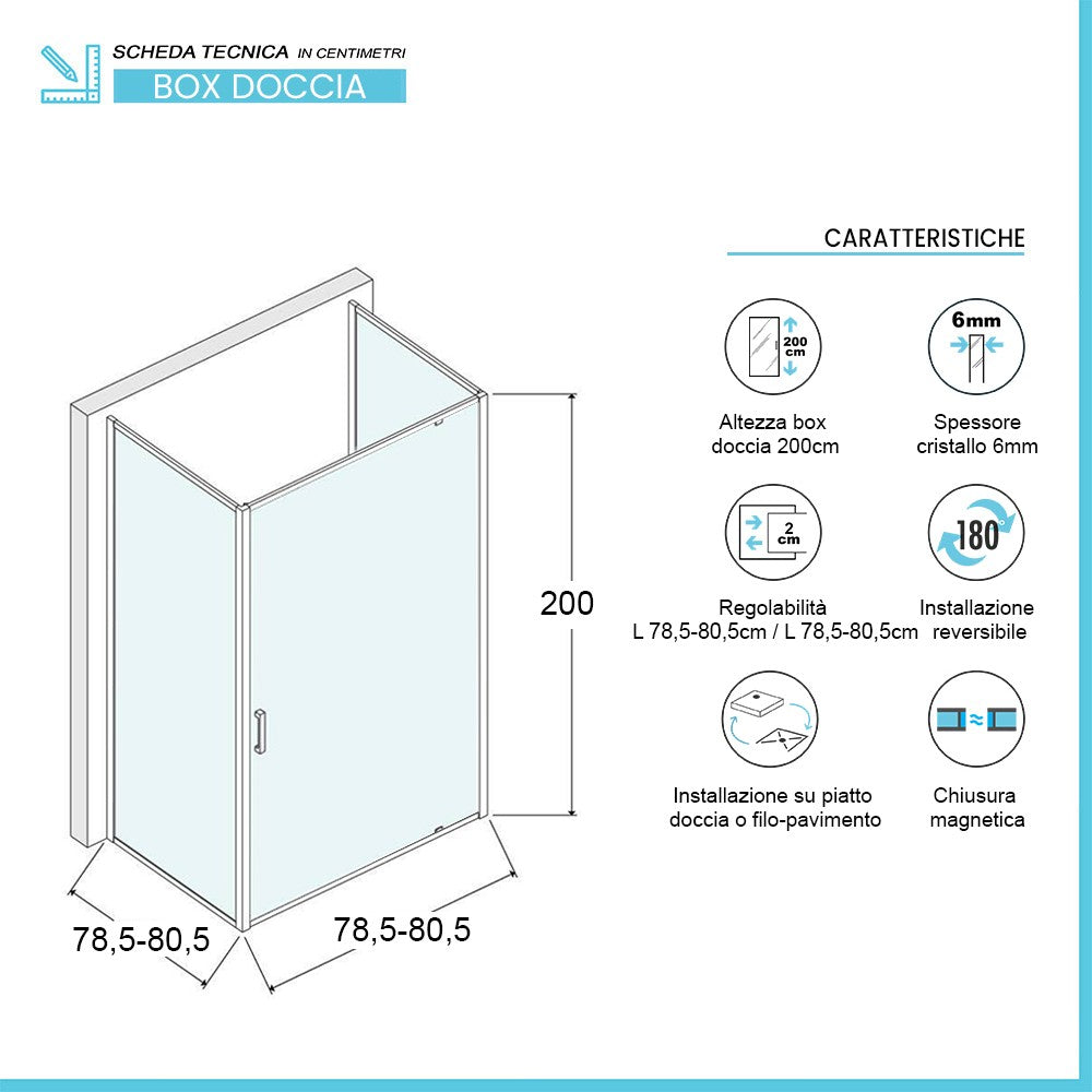 Box doccia 80x80x80 cm con porta a battente trasparente H 200 cm Ted