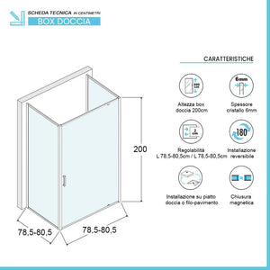 Box doccia 80x80x80 cm con porta a battente trasparente H 200 cm Ted