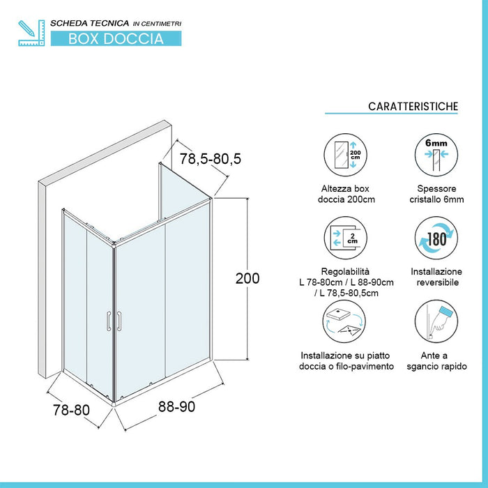 Box doccia 80x90x80 cm con doppio scorrevole serigrafato H 200 cm Ted