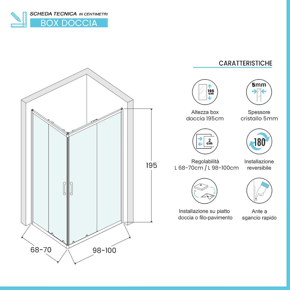 Box doccia angolare 70x100 cm doppio scorrevole vetro stampato Tay