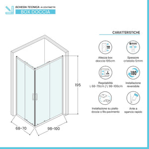 Box doccia angolare 70x100 cm doppio scorrevole vetro stampato Tay