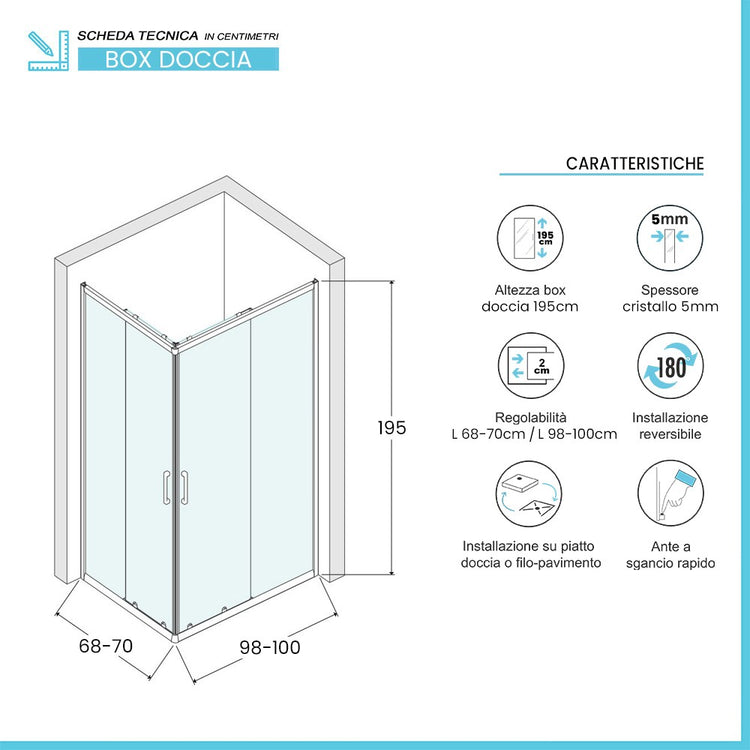 Box doccia angolare 70x100 cm doppio scorrevole vetro stampato Tay