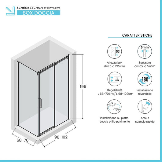 Box doccia angolare 70x100 cm scorrevole con profilo nero opaco Tay