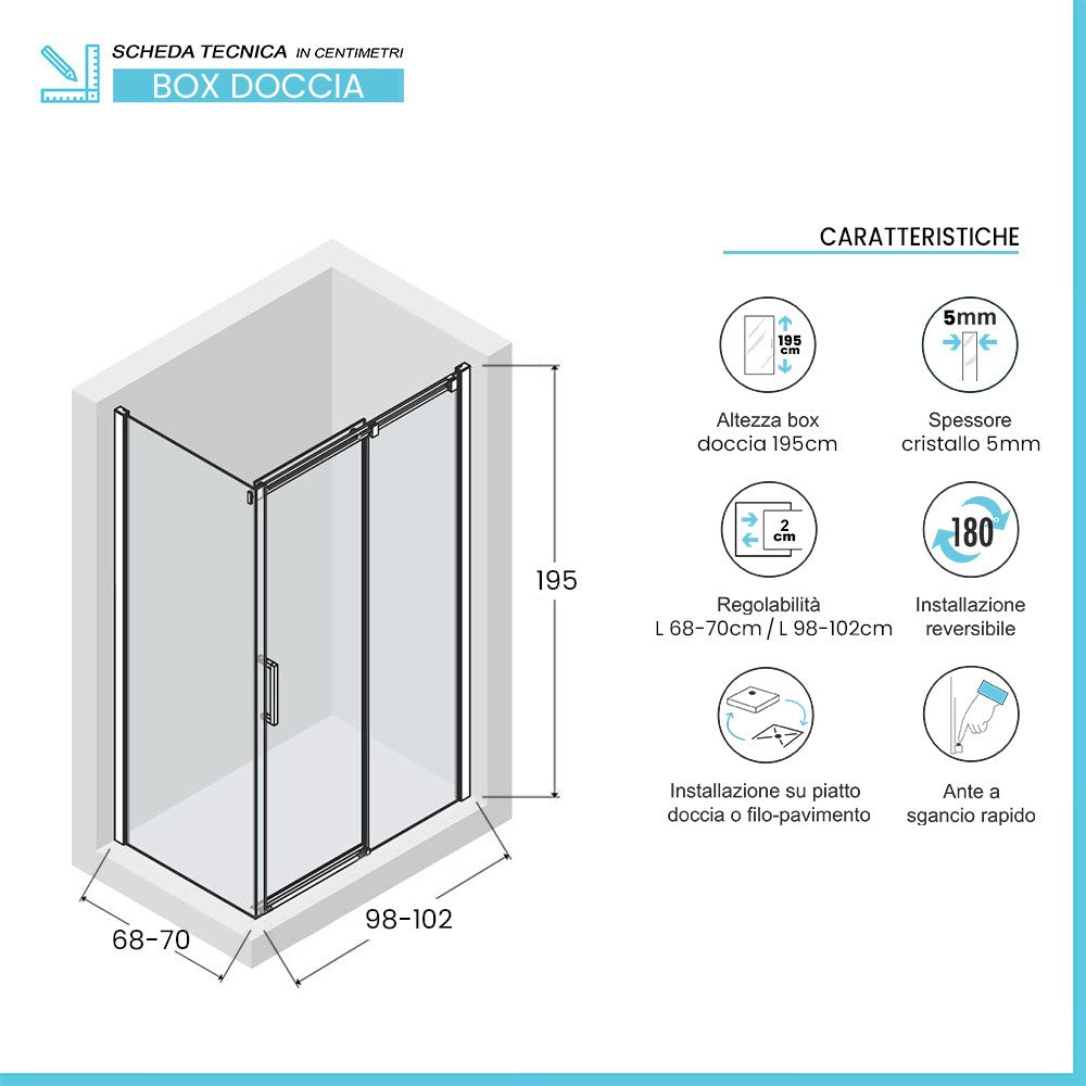 Box doccia angolare 70x100 cm scorrevole con vetro stampato Tay