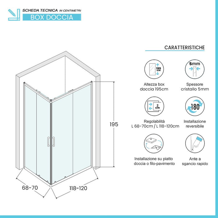 Box doccia angolare 70x120 cm doppio scorrevole vetro stampato Tay