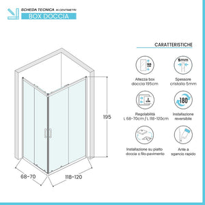 Box doccia angolare 70x120 cm doppio scorrevole vetro trasparente Tay