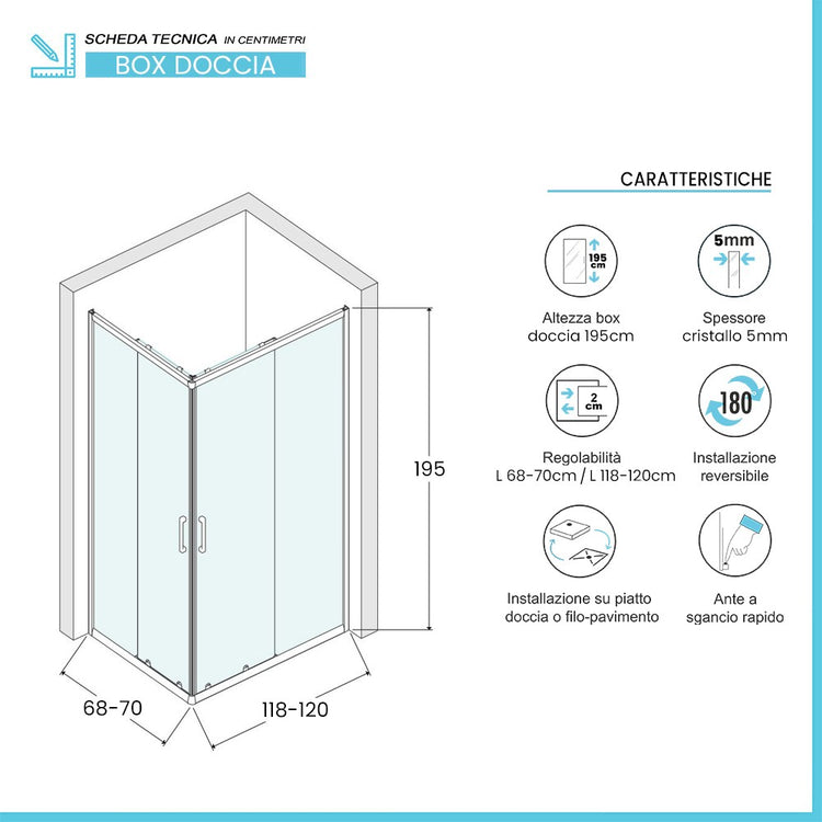 Box doccia angolare 70x120 cm doppio scorrevole vetro trasparente Tay