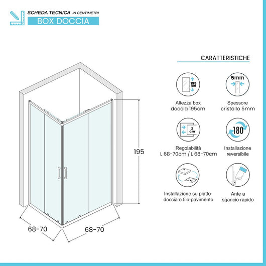 Box doccia angolare 70x70 cm doppio scorrevole vetro trasparente Tay