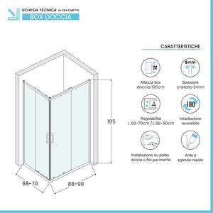 Box doccia angolare 70x90 cm doppio scorrevole vetro stampato Tay