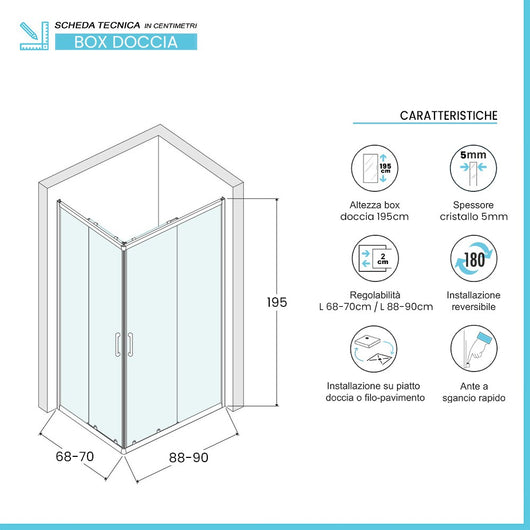 Box doccia angolare 70x90 cm doppio scorrevole vetro stampato Tay