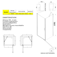 Box doccia angolare con porta battente e lato fisso h195cm 6mm salema, misura 90x90