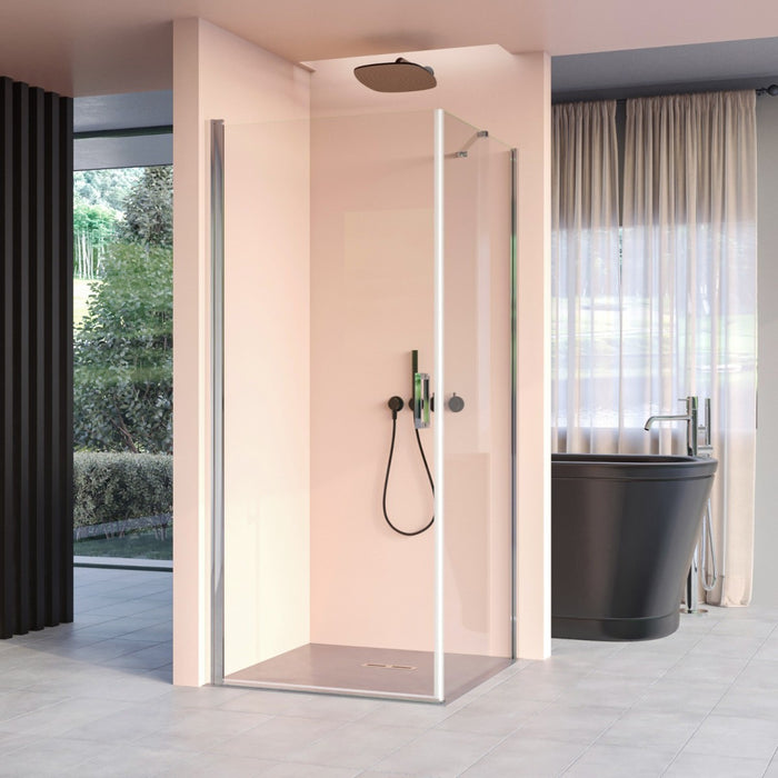 Box doccia angolare con porta battente e lato fisso h195cm 6mm salema, misura 90x90