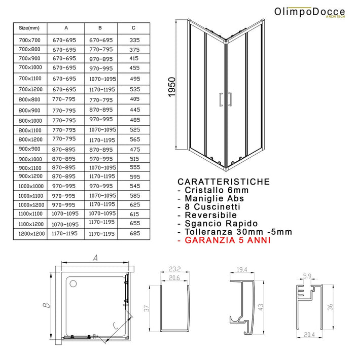 Box doccia angolare trasparente 195 6mm matias, misura 90x100