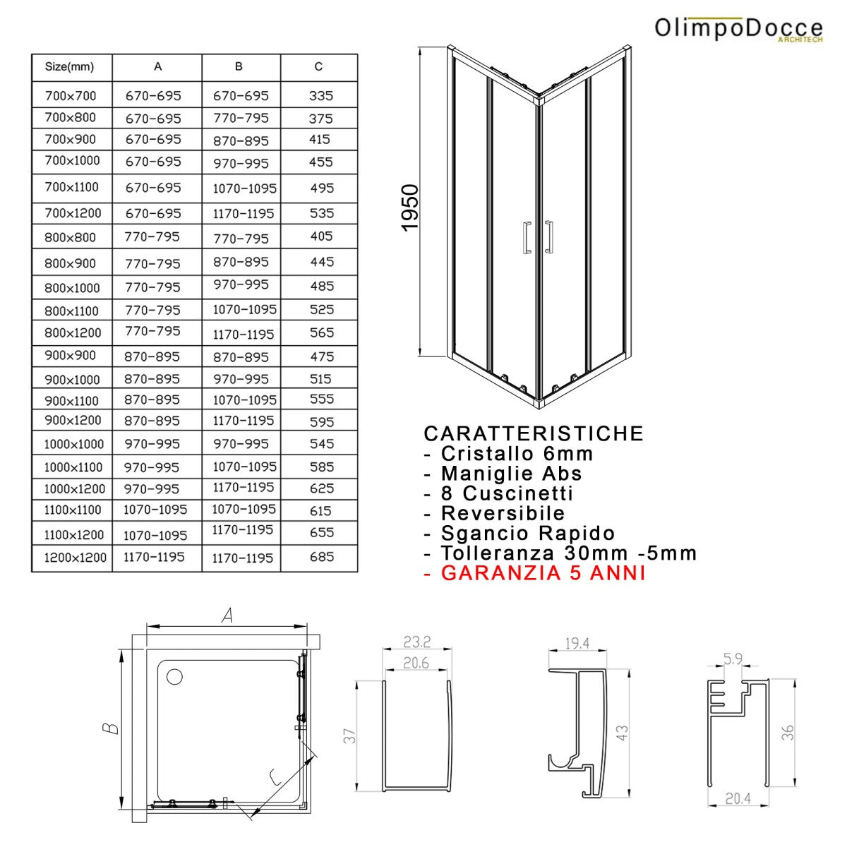 Box doccia angolare trasparente 195 6mm matias, misura 120x120