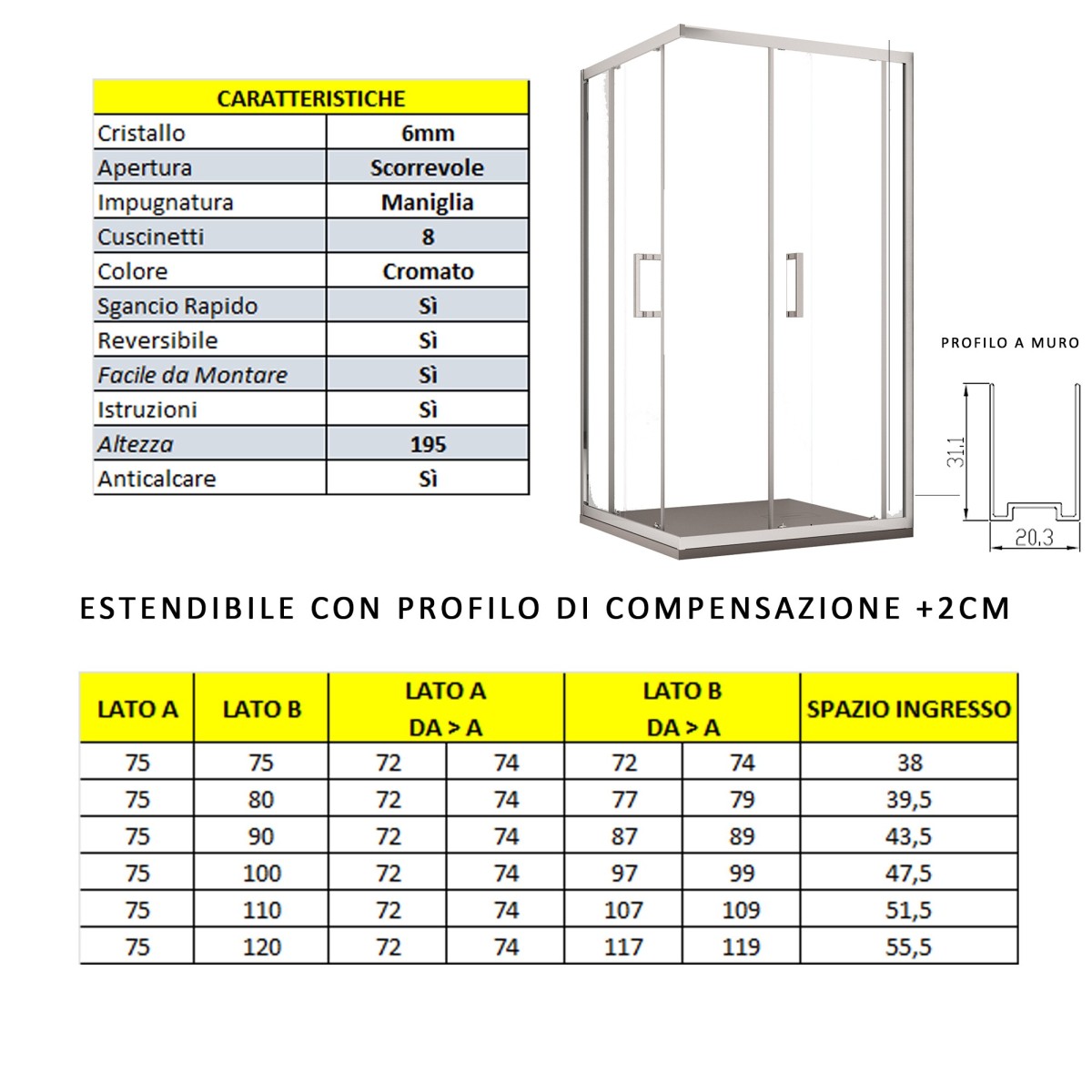 Box doccia due lati apertura scorrevole trasparente h195 6mm anticalcare adry, misura 75x120