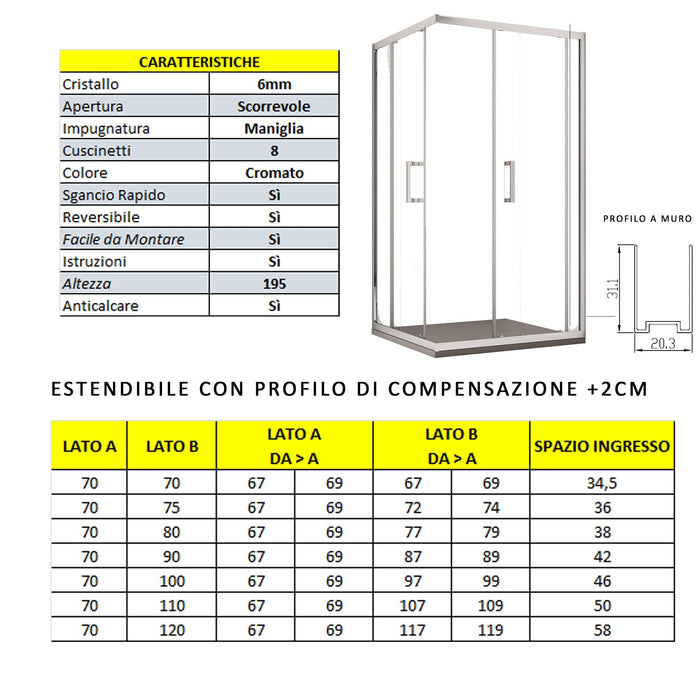 Box Doccia Angolare 75x90 cm 2 Ante Scorrevoli in Cristallo trasparente 6mm H195 Bonussi Sasha