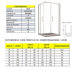 Box doccia due lati apertura scorrevole trasparente h195 6mm anticalcare adry, misura 70x100