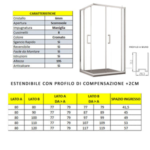 Box doccia due lati apertura scorrevole trasparente h195 6mm anticalcare adry, misura 80x90