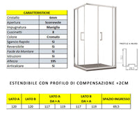 Box doccia due lati apertura scorrevole trasparente h195 6mm anticalcare adry, misura 120x120