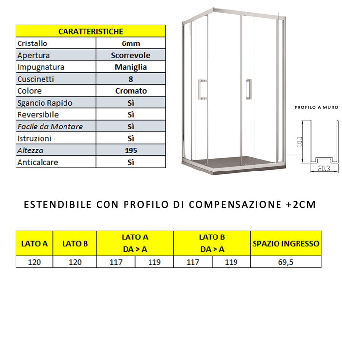 Box doccia due lati apertura scorrevole trasparente h195 6mm anticalcare adry, misura 120x120