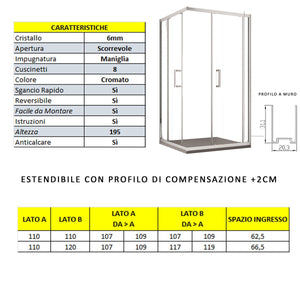 Box doccia due lati apertura scorrevole trasparente h195 6mm anticalcare adry, misura 110x120