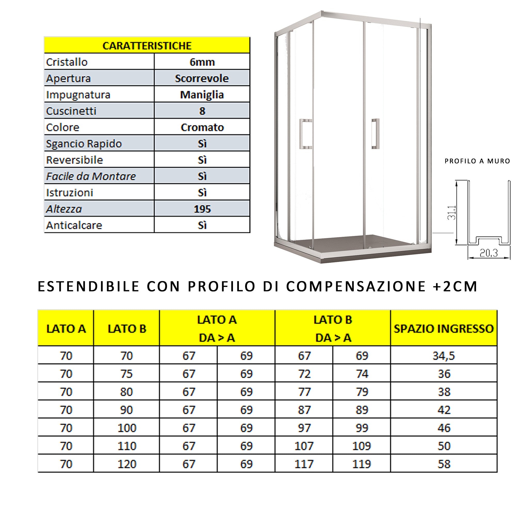 Box Doccia Angolare 70x90 cm 2 Ante Scorrevoli in Cristallo trasparente 6mm H195 Bonussi Sasha