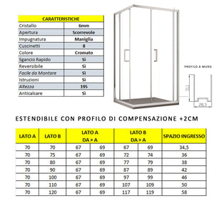 Box Doccia Angolare 70x90 cm 2 Ante Scorrevoli in Cristallo trasparente 6mm H195 Bonussi Sasha