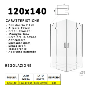 Box doccia due lati battenti 8 mm h195 anticalcare regina, misura 120x140