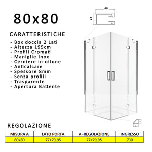 Box Doccia Angolare 90x100 cm 2 Ante Battenti in Cristallo Trasparente 8mm H195 Bonussi Ilenia