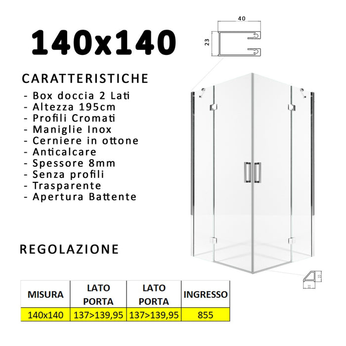 Box doccia due lati battenti 8 mm h195 anticalcare regina, misura 140x140