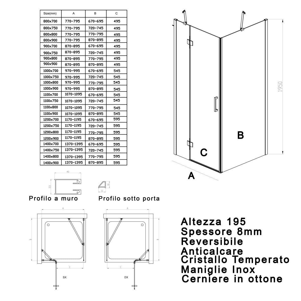 Box doccia due lati con porta battente 8mm h195 regina, misura 70x130