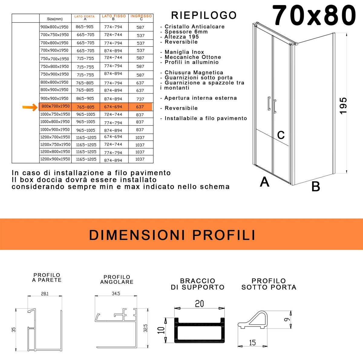 Box doccia due lati con porta saloon h195 6mm anticalcare dobla, misura 70x80