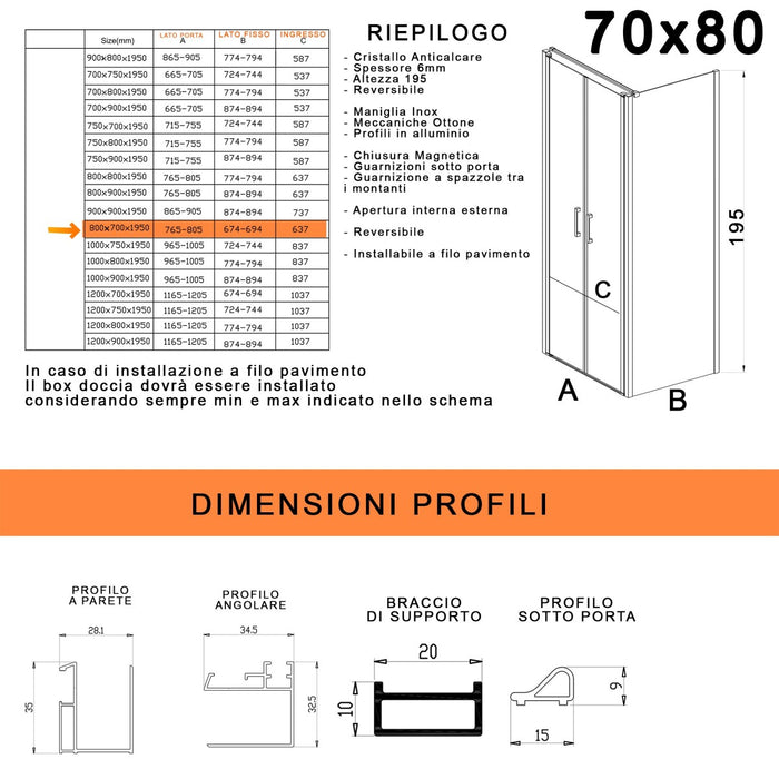 Box doccia due lati con porta saloon h195 6mm anticalcare dobla, misura 70x80