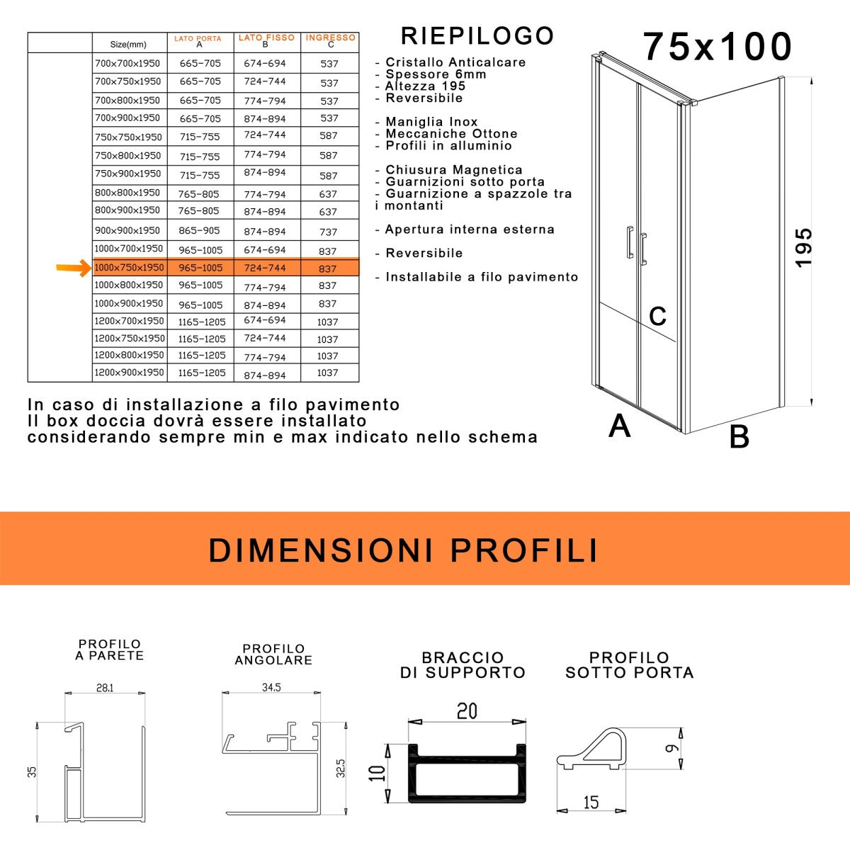 Box doccia due lati con porta saloon h195 6mm anticalcare dobla, misura 75x100