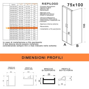 Box doccia due lati con porta saloon h195 6mm anticalcare dobla, misura 75x100