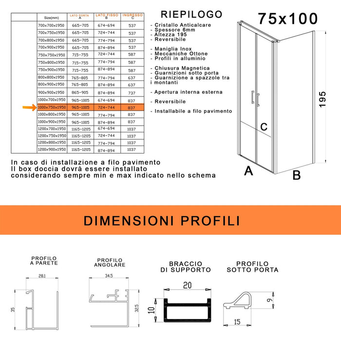 Box doccia due lati con porta saloon h195 6mm anticalcare dobla, misura 75x100