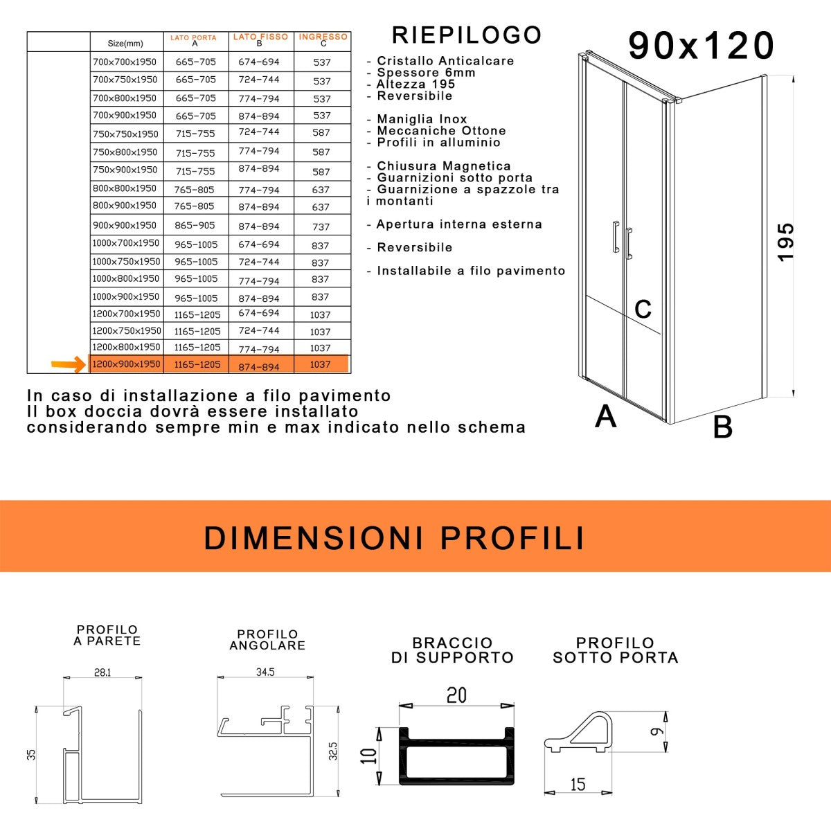 Box doccia due lati con porta saloon h195 6mm anticalcare dobla, misura 90x120