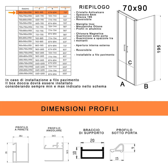 Box doccia due lati con porta saloon h195 6mm anticalcare dobla, misura 70x90