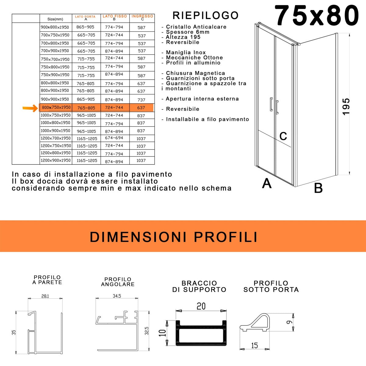 Box doccia due lati con porta saloon h195 6mm anticalcare dobla, misura 75x80