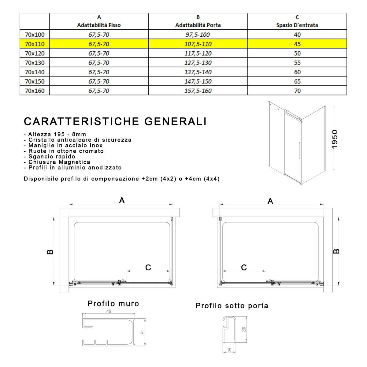 Box doccia due lati fume porta scorrevole senza profili h195 8mm anticalcare euclide, misura 70x110